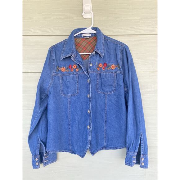 Rebecca Malone Embroidery Fall Autumn Flower Flannel Denim Button Up Shirt Large - Picture 1 of 5